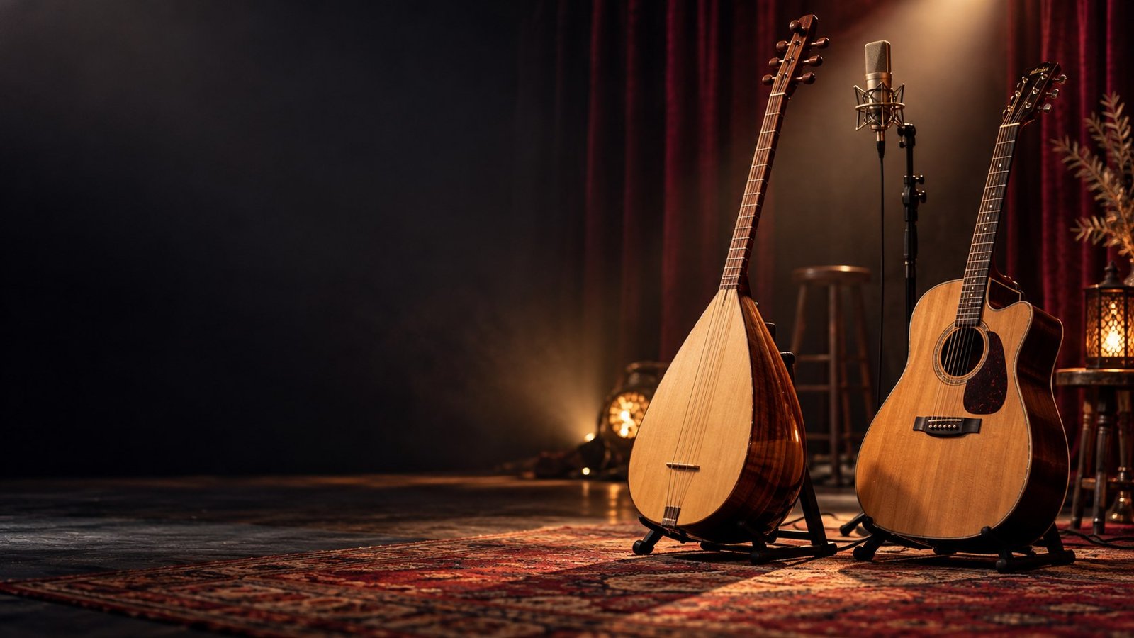 Temsili akustik sahnede bağlama ve gitar